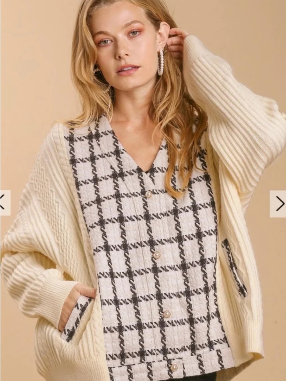 Umgee Women’s Black, White, and Cream Checkered Sweater Shacket